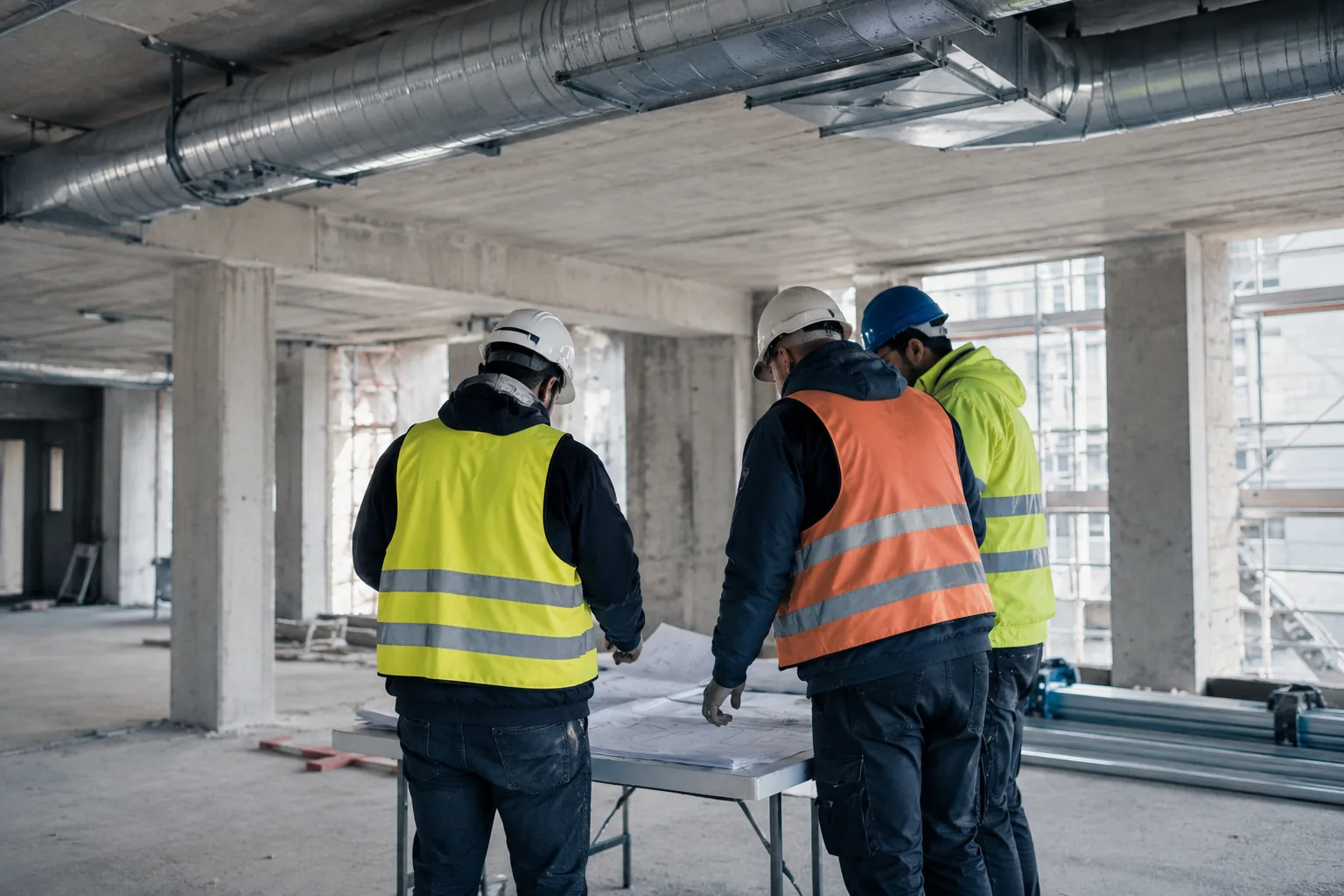 Baubesprechung im Rohbau: drei Personen in Warnwesten über Plänen an einem Klapptisch.