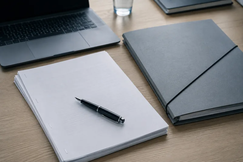 Grauer Dokumentenordner und ein Stapel Verträge neben einem Notebook auf dem Schreibtisch.