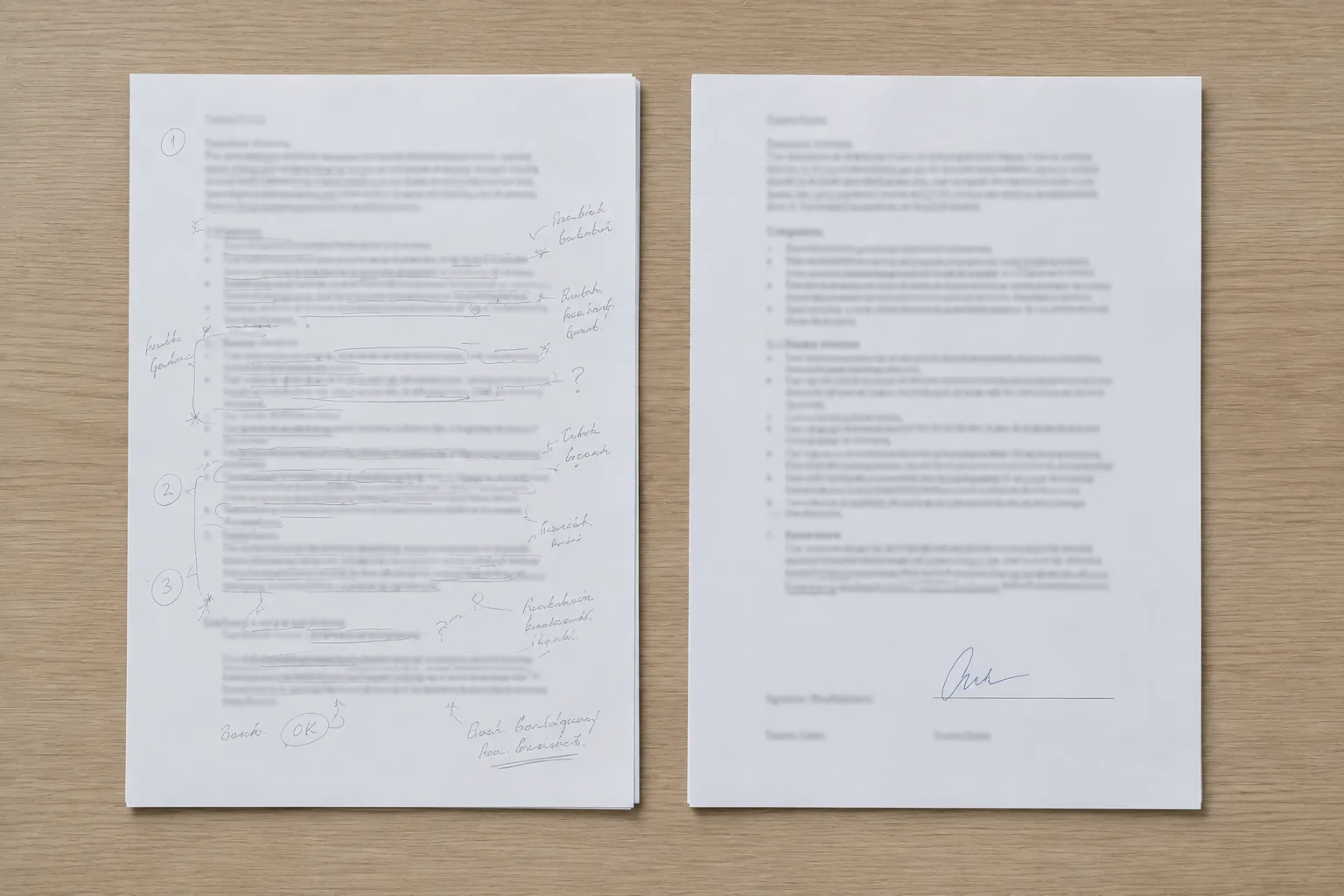 Zwei Dokumente auf einem Holztisch: links ein Entwurf mit handschriftlichen Anmerkungen, rechts die unterschriebene Fassung.