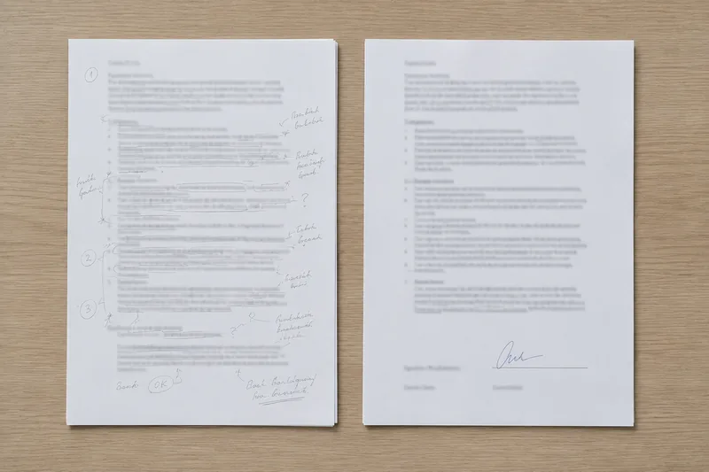 Zwei Dokumente auf einem Holztisch: links ein Entwurf mit handschriftlichen Anmerkungen, rechts die unterschriebene Fassung.