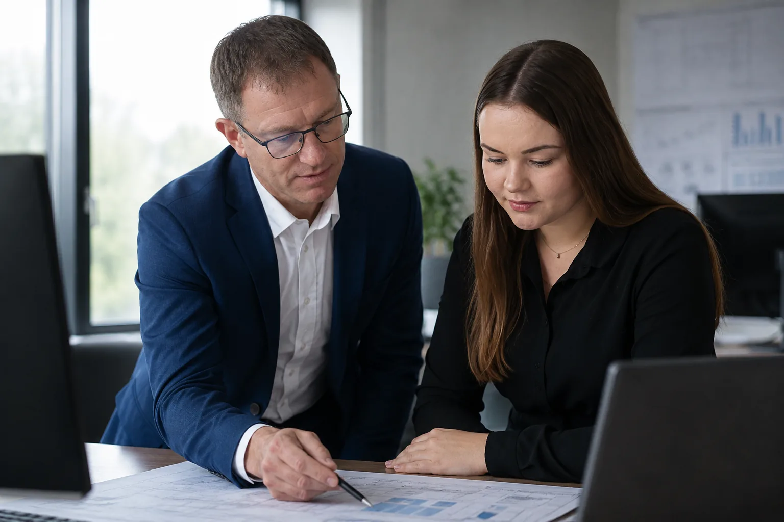 Geschäftsführer und Data Scientist gemeinsam über Planunterlagen am Schreibtisch.