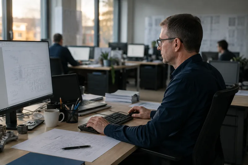 Person am Schreibtisch im Großraumbüro, arbeitet an einem Dokument am Monitor.