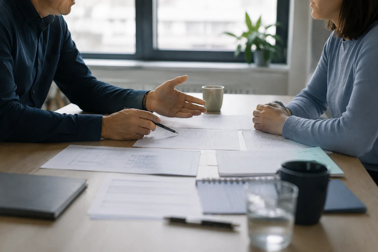 Zwei Personen am Besprechungstisch über ausgebreiteten Planunterlagen im Gespräch.