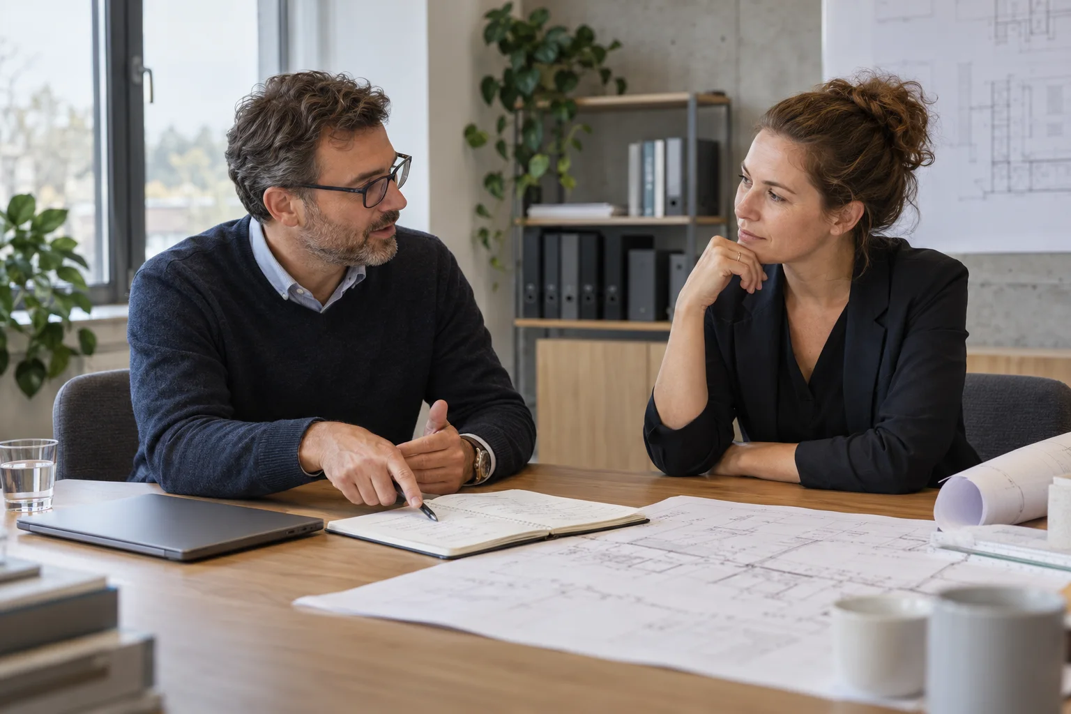 Two specialists discussing workflows at a table with a notebook and technical drawings.
