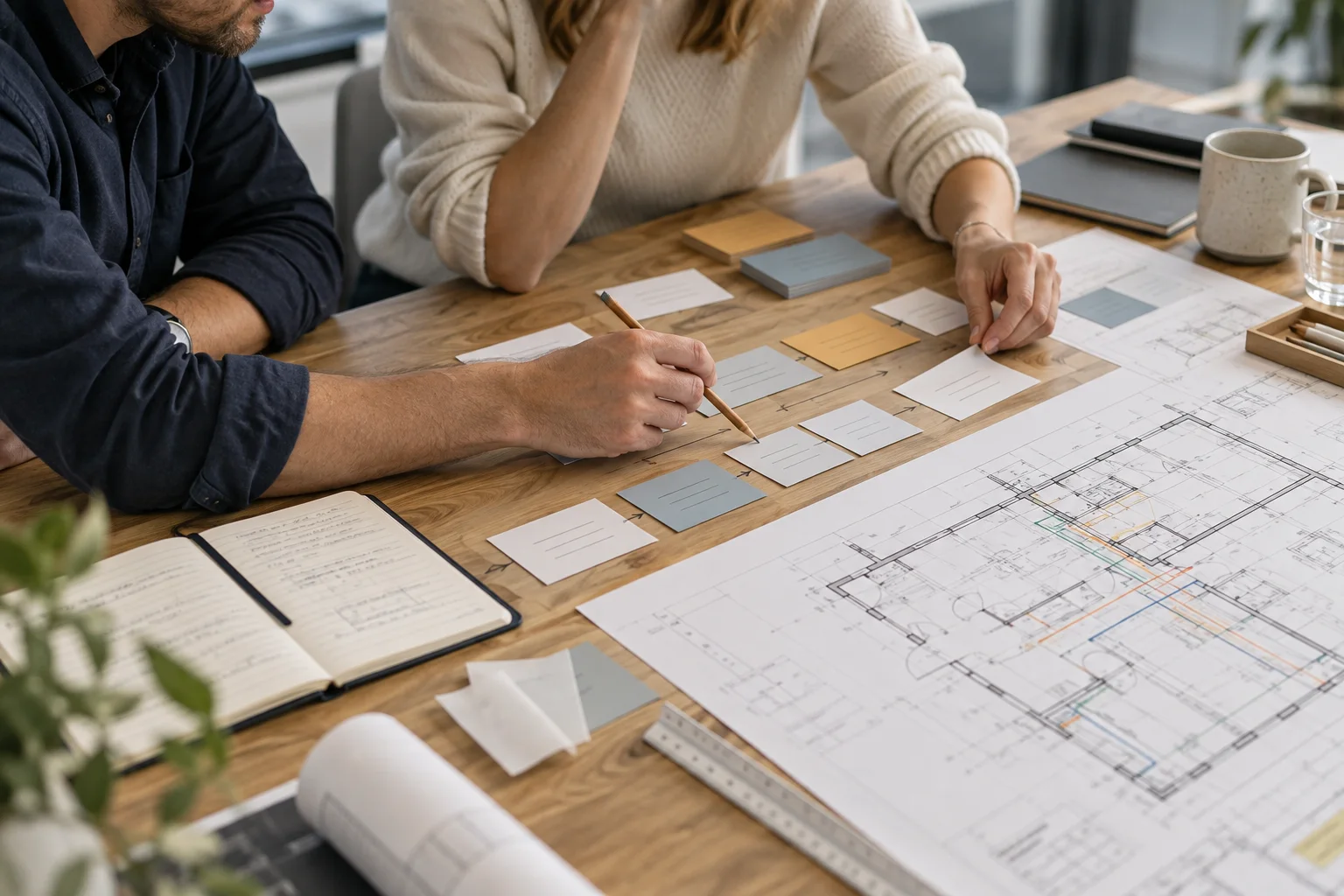 Two specialists arranging process cards beside a technical floor plan on a design table.
