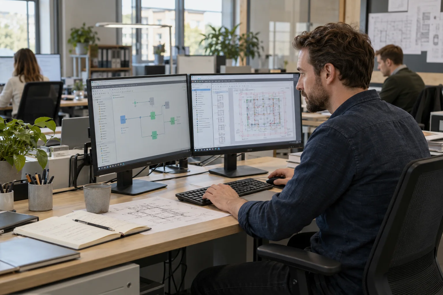 An employee configuring a digital workflow and reviewing technical documents on two monitors.