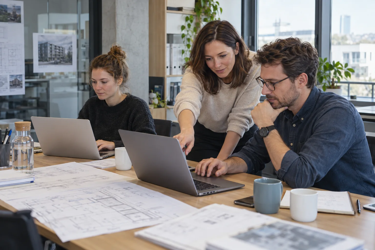 A trainer assisting a participant at a laptop while a colleague works independently.