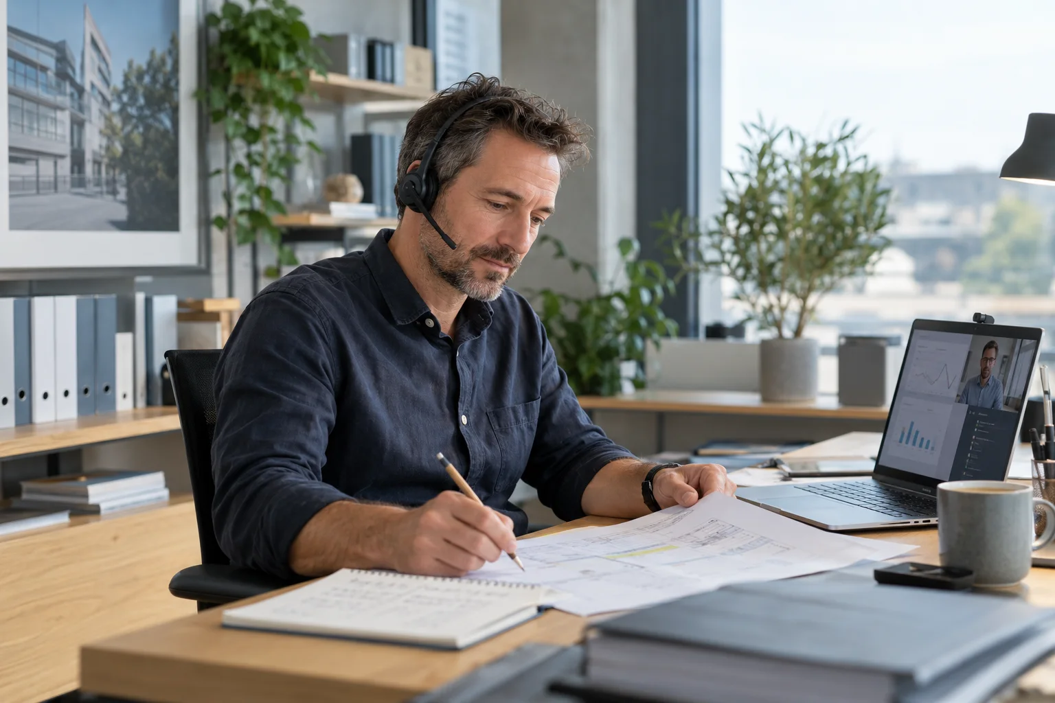 A contact wearing a headset reviews project documents and takes notes during a video call.